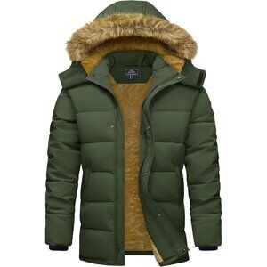 Men’s Winter Hooded Puffer Jacket Dark Green Quilted Coat with Faux Fur Trim.